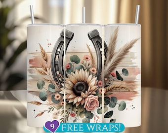Boho Floral Horseshoe Tumbler Wrap, Cowgirl Sunflowers 20 Oz Skinny Tumbler Sublimation PNG, Rustic Western Tumbler Design, Horse Lover Gift