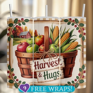 Autumn Harvest Tumbler Wrap, Fall Theme Basket 20Oz Skinny Tumbler Sublimation PNG, Thanksgiving Apples Corn Farmhouse Wrap Digital Download