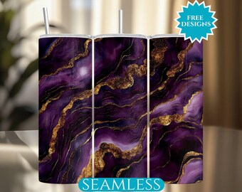 Purple Geode Tumbler Wrap, Agate PNG, 20Oz Skinny Tumbler Seamless Sublimation Design, Digital Download, Gold Glitter Marble Tumbler Wrap