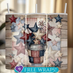 Diseño patriótico de patchwork para vaso tipo cubo: Vaso delgado acolchado de 20 oz con diseño del 4 de julio (descarga digital PNG)