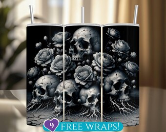 May include: A black and white tumbler featuring a design of skulls and roses. The design includes multiple skulls with cracked surfaces, surrounded by roses. The text "9 FREE WRAPS!" is at the bottom. The tumbler has a silver straw.