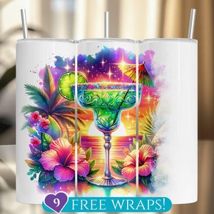 Colorful Tumbler Cups with Tropical Flowers and Lime Design, Stainless Steel, Reusable Straws Included