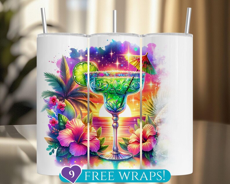 Colorful Tumbler Cups with Tropical Flowers and Lime Design, Stainless Steel, Reusable Straws Included