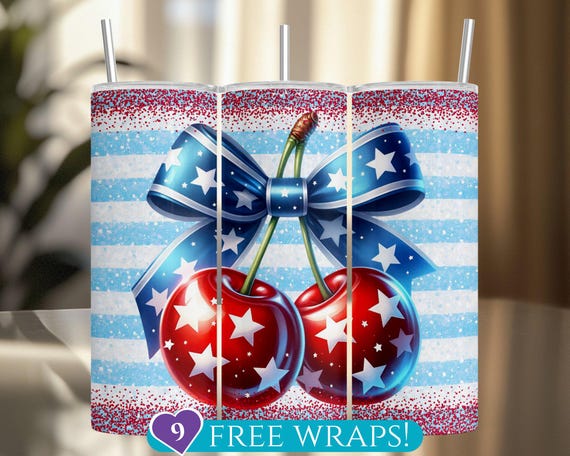 Patriotic Cherries Tumbler Wrap, Fourth of July 20Oz Skinny Tumbler Sublimation PNG, Stars Bow 4th of July Cherry Design Digital Download