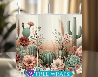 Boho Cactus Tumbler Wrap, Succulent Flower 20 Oz Skinny Tumbler Sublimation PNG, Seamless Desert Southwest Floral Design Digital Download