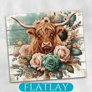 Highland Cow Art Print, Vintage Floral Background, Rustic Farmhouse Decor, Boho Chic Wall Art, Botanical Illustration, Gift Idea