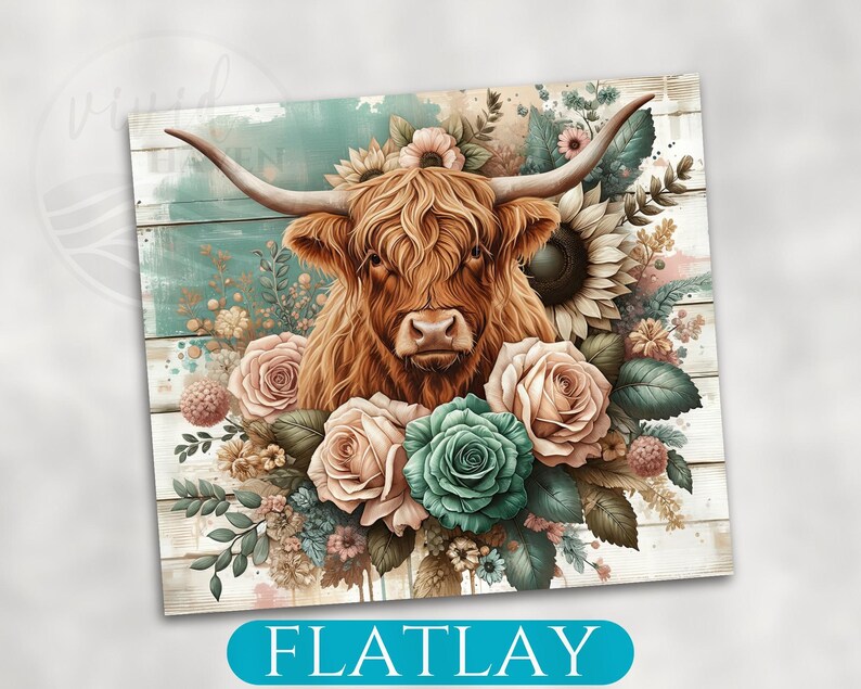Highland Cow Art Print, Vintage Floral Background, Rustic Farmhouse Decor, Boho Chic Wall Art, Botanical Illustration, Gift Idea