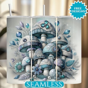 Porte-gobelet champignon patchwork, verre Bohème 20 oz en sublimation design, verre hiver pierres précieuses PNG en téléchargement numérique