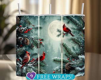 Envoltura para vaso de Cardenales Rojos de Invierno: Aves Navideñas de Luna Llena, vaso delgado de 20 oz, sublimación PNG (descarga digital)