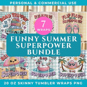 Funny Summer Vibes Tumbler Wrap Bundle, Beach Vacation 20 Oz Skinny Straight Tumbler Sublimation PNG, 7 Vacay Mode Designs Digital Download
