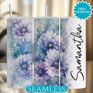 May include: Three stainless steel tumblers with a watercolor floral design in shades of blue and purple. The tumbler on the right has the name "Samantha" printed on it.