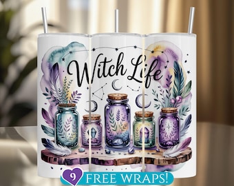 May include: A white tumbler with a watercolour design featuring jars with cork lids, feathers, and the text "Witch Life." The design includes purple, blue, and green hues. The tumbler has a silver straw.