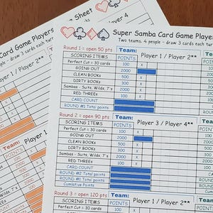 May include: Super Samba card game score sheets. The sheets are white with black text and blue grid lines. The sheets have sections for scoring items, points, and team names. The game is for two teams of four players.