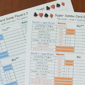 以下が含まれることがあります： スーパーサンバカードゲームのスコアシート2枚。 2人用のシートで、スコアリング項目、ポイント、プレイヤー名のセクションがあります。 シートは白地に黒文字とオレンジ色のハイライトです。
