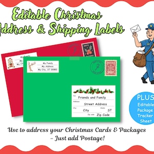 May include: Editable Christmas address and shipping labels featuring a red envelope and a green envelope with holiday-themed stickers, a cartoon mail carrier, and a blue circle with the text Plus Editable Package Tracker Sheet.