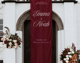 Burgundy Satin Wedding Welcome Sign, Personalized Fabric Wedding Banner, Custom Ceremony Entrance Sign, Elegant Reception Decor