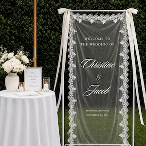 Sheer Lace Wedding Welcome Sign: Tulle Fabric, Macquin Sequins  with stand