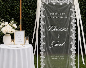 Sheer Lace Wedding Welcome Sign: Tulle Fabric, Macquin Sequins  with stand