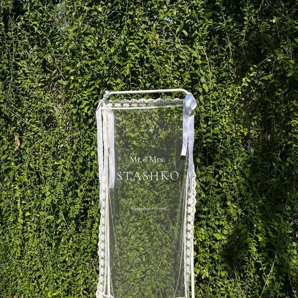 Sheer Tulle Wedding Welcome Sign, Delicate Lace Border, Personalized