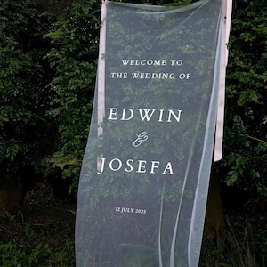 Romantic Sheer Wedding Sign, Linen Wedding Welcome Sign,Modern Outdoor Wedding Banner, Personalized Wedding Decoration,Engagement Party Sign