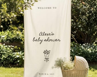 Custom Baby Shower Fabric Banner – Linen Welcome Sign, Personalized Baby Shower Decor, Rustic Garden Party Backdrop With Stand