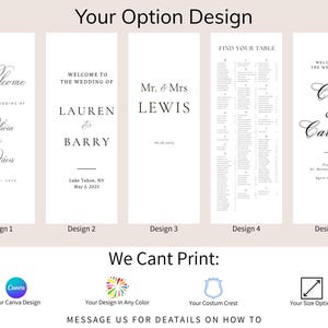 K&ouml;nnte beinhalten: Pr&auml;sentation von Hochzeits-Schild-Designs mit eleganter Typografie. Die Schilder zeigen Willkommensbotschaften, Namen von Paaren und Sitzpl&auml;ne. Der Text enth&auml;lt Namen, Daten und Orte. Das Bild zeigt auch Designbeschr&auml;nkungen.