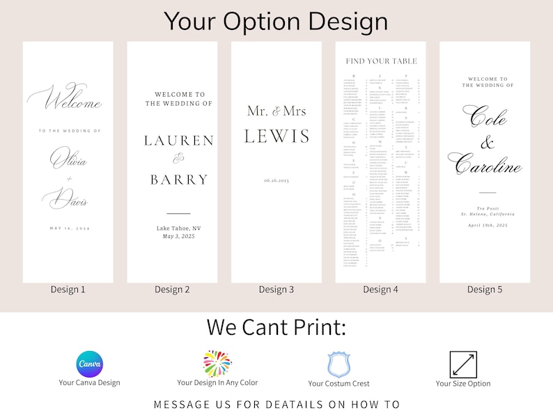 K&ouml;nnte beinhalten: Pr&auml;sentation von Hochzeits-Schild-Designs mit eleganter Typografie. Die Schilder zeigen Willkommensbotschaften, Namen von Paaren und Sitzpl&auml;ne. Der Text enth&auml;lt Namen, Daten und Orte. Das Bild zeigt auch Designbeschr&auml;nkungen.