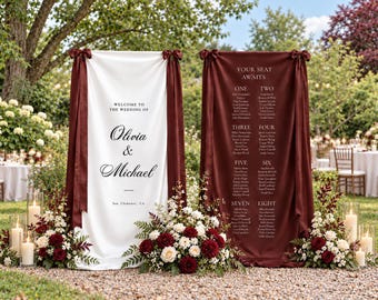 burgundy fabric sign, wedding welcome, fabric seating chart, silk wedding banner, custom seating chart, burgundy decor, personalized banner