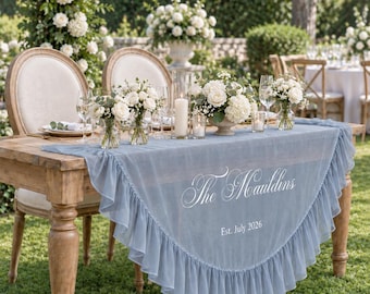 Dusty Blue Chiffon Table Drape, Personalized Sweetheart Table Banner, Custom Wedding Decoration