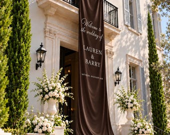 Dark Brown Silk Wedding Sign, Personalized Welcome Fabric Drape, Custom Ceremony Banner with Names and Date