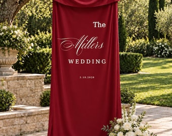 Personalized Burgundy Silk Wedding Welcome Sign, Custom Draped Fabric Banner, Elegant Garden Wedding Decor