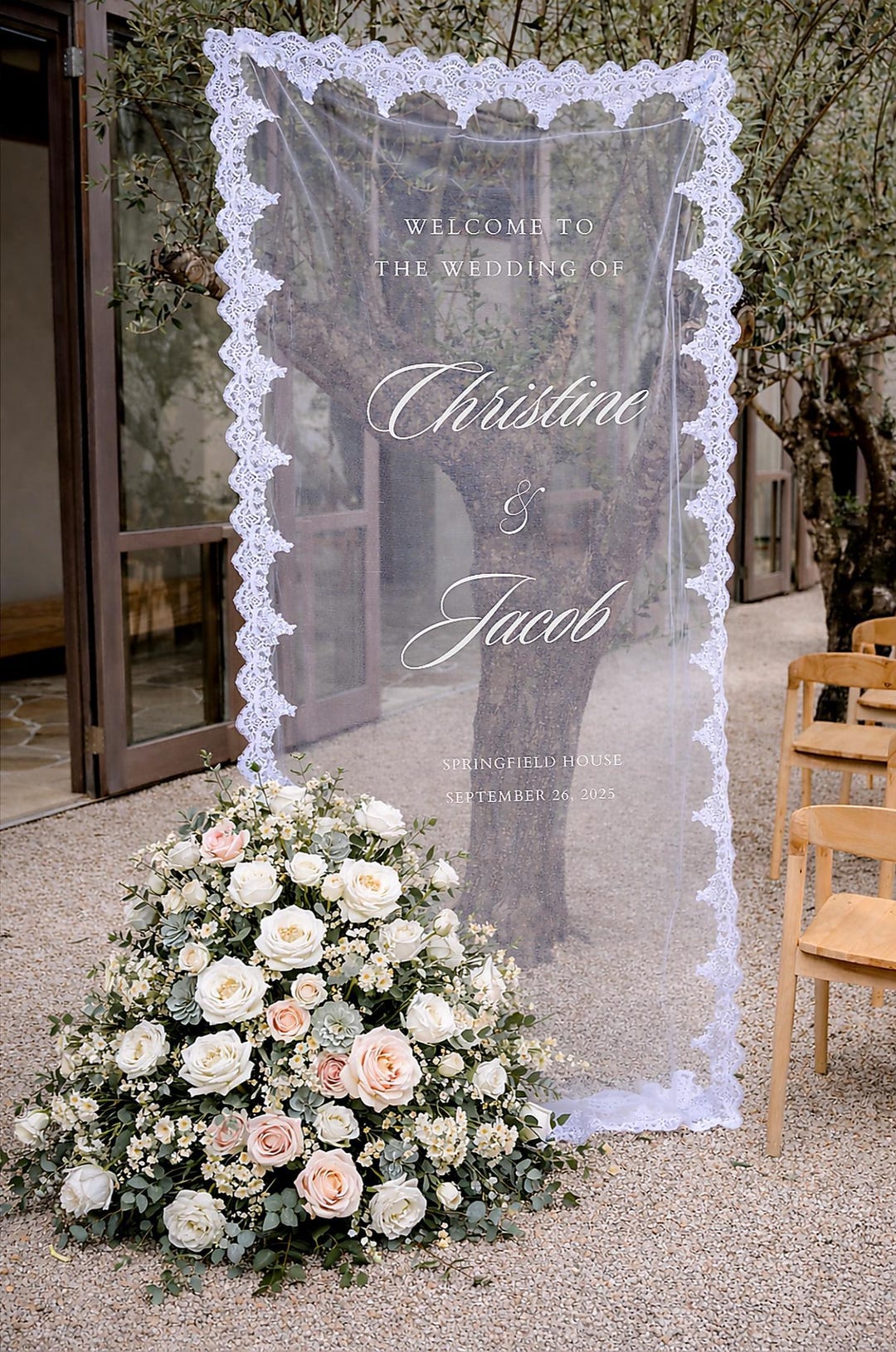 Romantic Lace Welcome Sign: Sheer Tulle Wedding Signage, Fabric ...