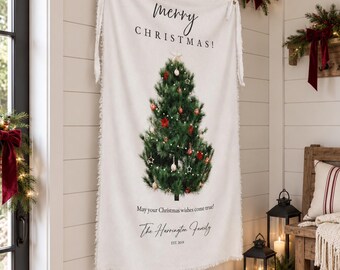 Personalized Fabric Christmas Decor, Custom Family Name Christmas Banner, Holiday Wall Hanging, Christmas Tree Tapestry, Rustic Xmas Sign