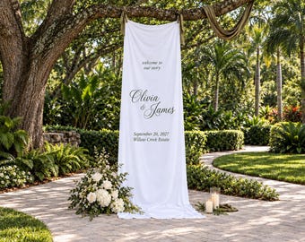 Custom Linen Wedding Welcome Sign, Sage Green Satin Ribbons, Handmade Fabric Banner