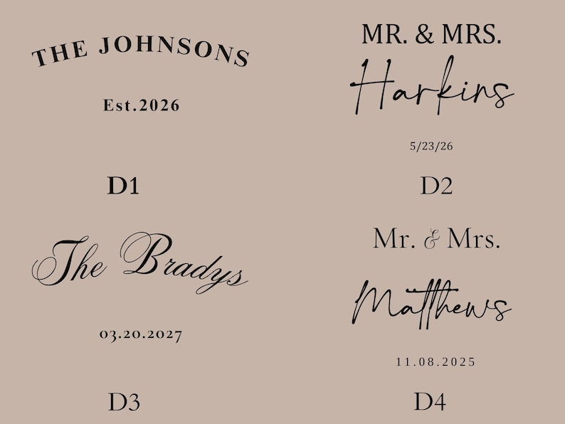 May include: A beige background featuring four examples of personalized text. The text includes names such as "The Johnsons" and "Harkins", along with dates like "Est.2026" and "5/23/26". Each example is labelled with a code such as "D1".