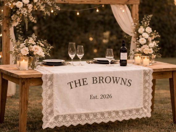 Personalized Linen Sweetheart Table Runner, Custom Wedding Decor, Lace Trim