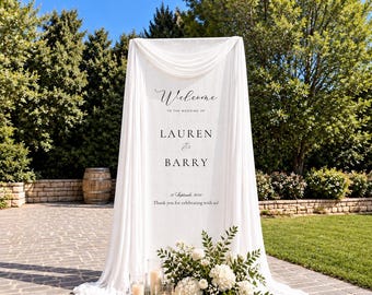 Custom Fabric Wedding Welcome Sign, Personalized Chiffon Wedding Banner, Draped Ceremony Entrance Sign, Garden Wedding Decor