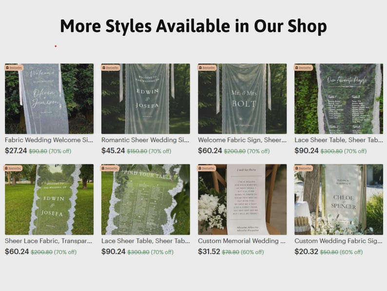 May include: A display of wedding decor items, including sheer fabric signs with names and welcome messages. The signs are in various styles, with different fonts and designs, suitable for wedding ceremonies and receptions.