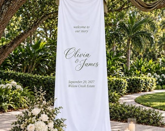 Custom Wedding Welcome Banner, Personalized Fabric Sign with Names and Date, Olive Green Garden Wedding Entrance Decor