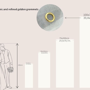 K&ouml;nnte beinhalten: Diagramm mit Ma&szlig;en f&uuml;r Hochzeitsdekoration. Enth&auml;lt eine Skizze eines Paares, eine Nahaufnahme einer goldenen &Ouml;se und drei wei&szlig;e Tafeln mit den Ma&szlig;en: 35x100cm, 50x150cm, 75x200cm und 100x300cm.