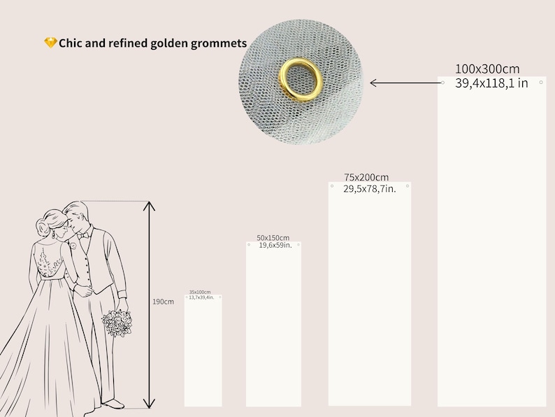 K&ouml;nnte beinhalten: Diagramm mit Ma&szlig;en f&uuml;r Hochzeitsdekoration. Enth&auml;lt eine Skizze eines Paares, eine Nahaufnahme einer goldenen &Ouml;se und drei wei&szlig;e Tafeln mit den Ma&szlig;en: 35x100cm, 50x150cm, 75x200cm und 100x300cm.