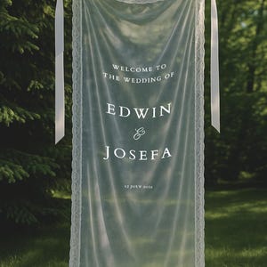 Romantic Sheer Wedding Sign, Linen Wedding Welcome Sign,Modern Outdoor Wedding Banner, Personalized Wedding Decoration,Engagement Party Sign