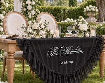Personalized Black  Sweetheart Table Sign, Custom Ruffle Wedding Tablecloth, Elegant Wedding Reception Decor, Bride and Groom Table Banner