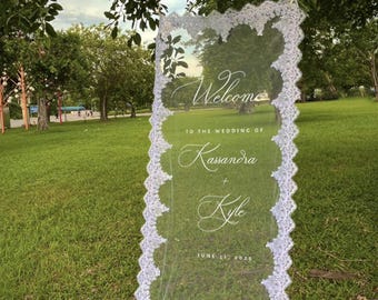 Placa de boas-vindas com véu, placa transparente, placa de tecido, véu de noiva, placa de tecido, placa de boas-vindas personalizada para casamento, placa personalizada com borda de renda