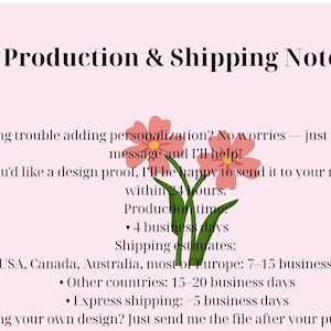 May include: A pink background with the text "Production & Shipping Note:" and bullet points detailing personalization, design proofs, production time, and shipping estimates for various regions, including the UK, Canada, and Australia.