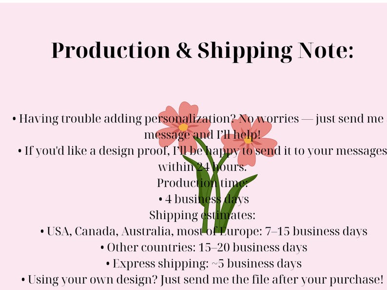May include: A pink background with the text "Production & Shipping Note:" and bullet points detailing personalization, design proofs, production time, and shipping estimates for various regions, including the UK, Canada, and Australia.