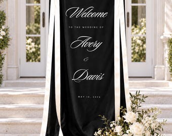Elegant Black Silk Welcome Wedding Sign, Ivory Bow Fabric Banner, Personalized Wedding Reception and Ceremony Decor