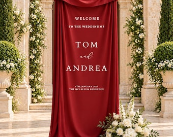 Draped Silk Wedding Welcome Sign, Personalized Burgundy Fabric Banner, Romantic Garden Wedding Decor