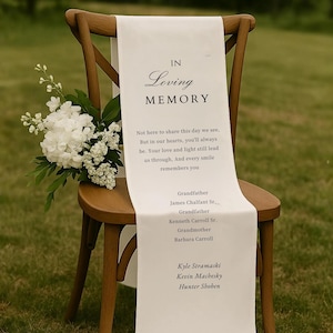 Benutzerdefinierte Gravur Hochzeitsschild, Reserviert Hochzeit Gedenkstuhl Zeichen, Personalisiertes Stoff Schild, Hochzeitsstuhl Banner In Erinnerung Lieben