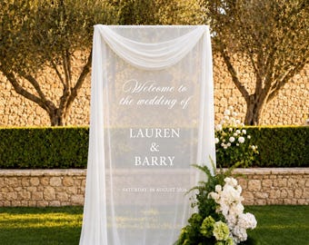 Personalized White Chiffon Welcome Banner, Sheer Fabric Wedding Sign, Custom Ceremony Entrance Decor